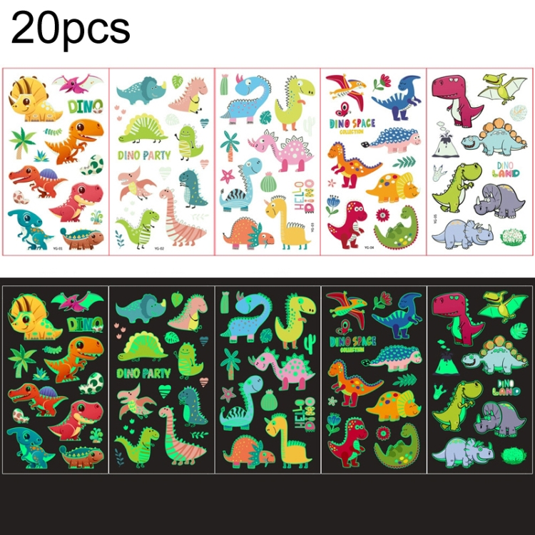 

20 PCS Y01-05 Kids Cartoon Luminous Tattoo Sticker Waterproof And Sweat Proof Party Activity Face Sticker(Dinosaur)
