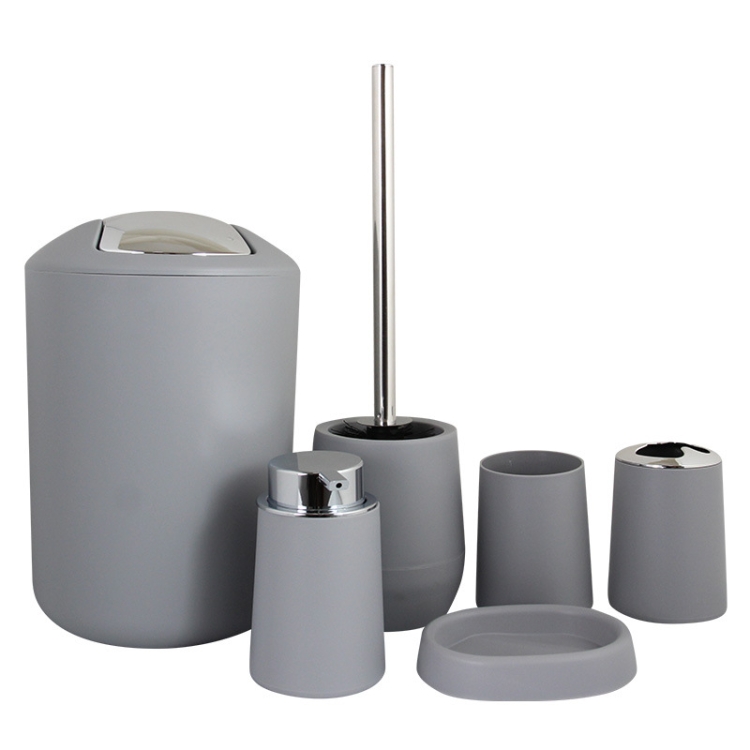 

6 In 1 Plastic Bathroom Toiletries Set Plating Lid Trash Can Toothbrush Cup Soap Box Set(Grey)