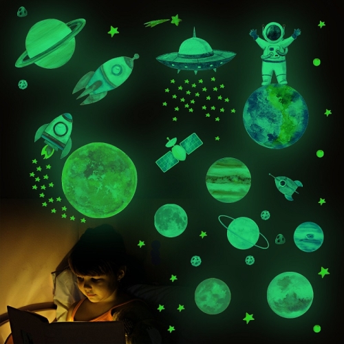 

YG006 Children Room Decoration Planet Astronaut Rocket UFO Cartoon Element Luminous Wall Sticker