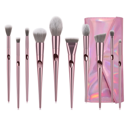 

10 In 1 Long Stick Thumbprint Makeup Brush Set Laser Plating Handle Beginner Makeup Tool With PU Bag