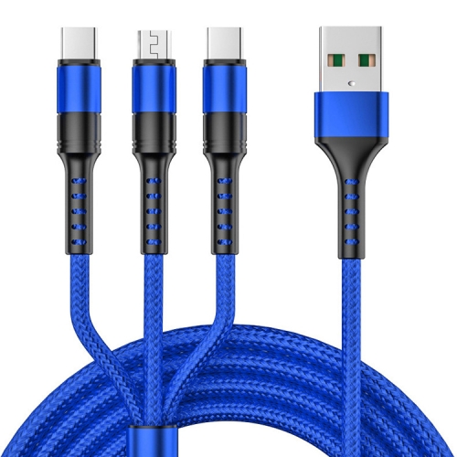 

3 in 1 USB to Dual Type-C + Micro USB Quick Charging Sync Data Cable, Output: 3A (Blue)