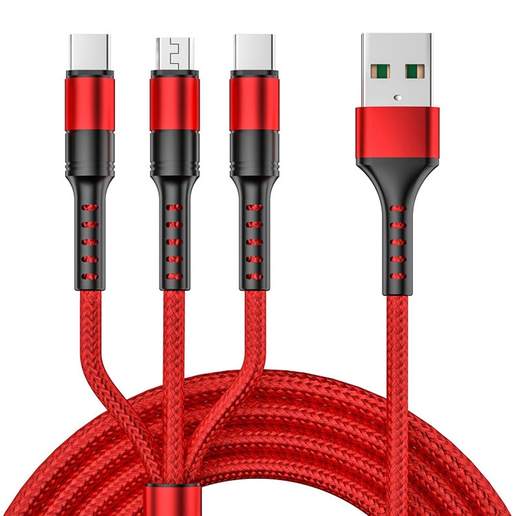 

3 in 1 USB to Dual Type-C + Micro USB Quick Charging Sync Data Cable, Output: 5A (Red)
