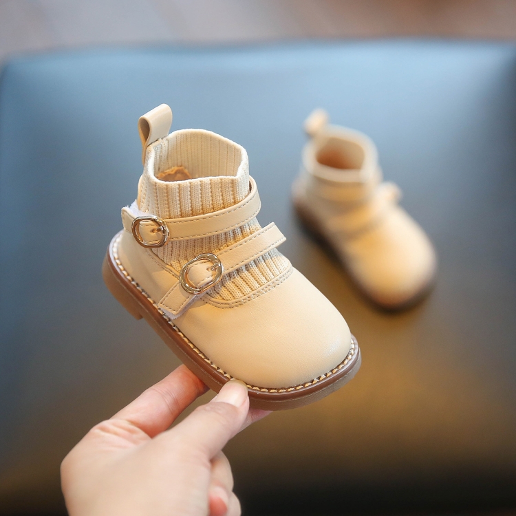 

Baby Soft Sole Leather Shoes Children Knitted Stitching Short Boots, Size: 15(Beige)