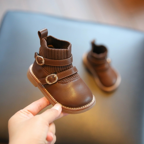 

Baby Soft Sole Leather Shoes Children Knitted Stitching Short Boots, Size: 16(Brown)