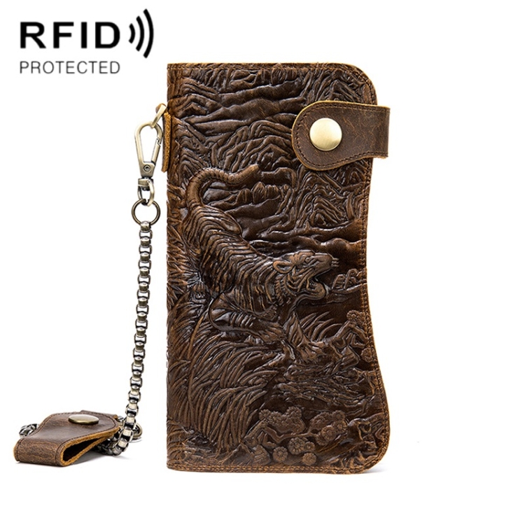

B161 RFID Retro Anti-Degaussing Iron Chain Leather Wallet(Brown Embossed Tiger)