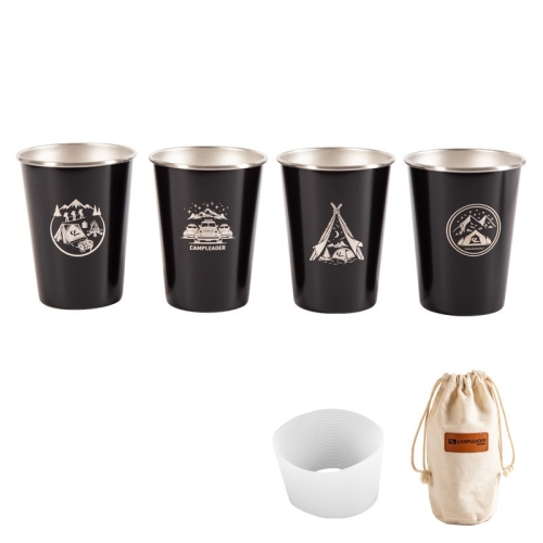 

4 PCS / Set Outdoor Picnic Stainless Steel Cup With Storage Bag+Silicone Holder (Black)
