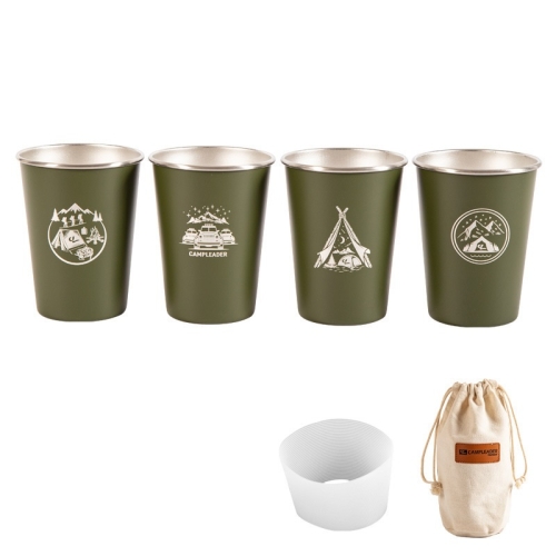 

4 PCS / Set Outdoor Picnic Stainless Steel Cup With Storage Bag+Silicone Holder (Army Green)