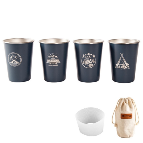 

4 PCS / Set Outdoor Picnic Stainless Steel Cup With Storage Bag+Silicone Holder (Dark Blue)