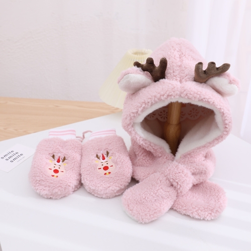 

Christmas Deer Plush Gloves + Integrated Ear Protection Cap Scarf Set for Girls(Pink)