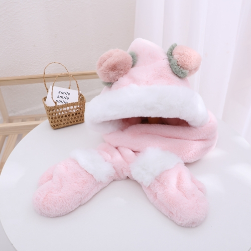 

Thickening Winter Cartoon Bear Ear Protection Hat Scarf Gloves Integrated(Pink)