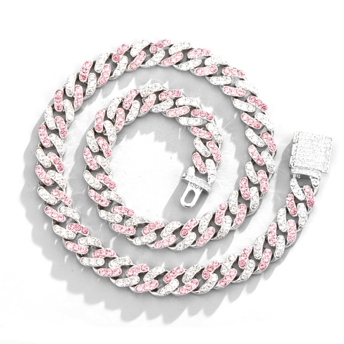 

NL023 11mm Box Buckle Hip Hop Necklace, Size: 45cm (Pink White)