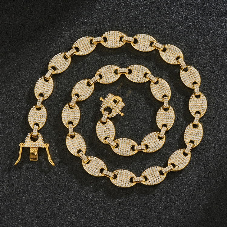 

NL012 12mm Pig Nose Coffee Bean Hip Hop Necklace, Size: 18 Inches (Gold White Diamond)