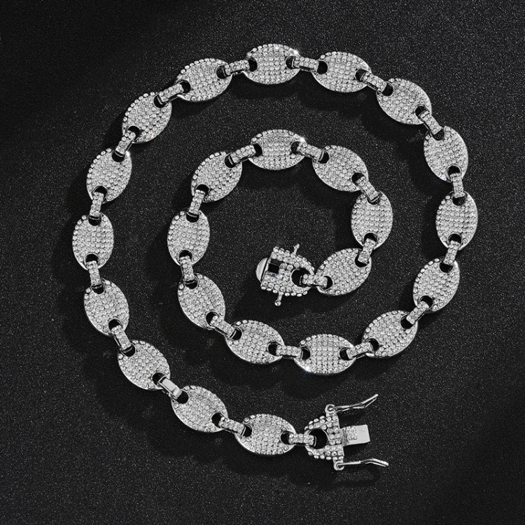 

NL012 12mm Pig Nose Coffee Bean Hip Hop Necklace, Size: 18 Inches (Silver White Diamond)