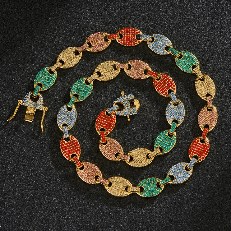 

NL012 12mm Pig Nose Coffee Bean Hip Hop Necklace, Size: 24 Inches (Gold Colorful Diamond)
