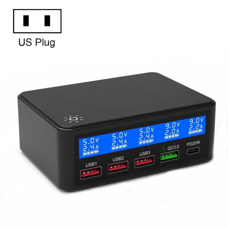 

618 QC3.0 + PD20W + 3 x USB Ports Charger with Smart LCD Display, US Plug (Black)