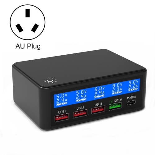 

618 QC3.0 + PD20W + 3 x USB Ports Charger with Smart LCD Display, AU Plug (Black)