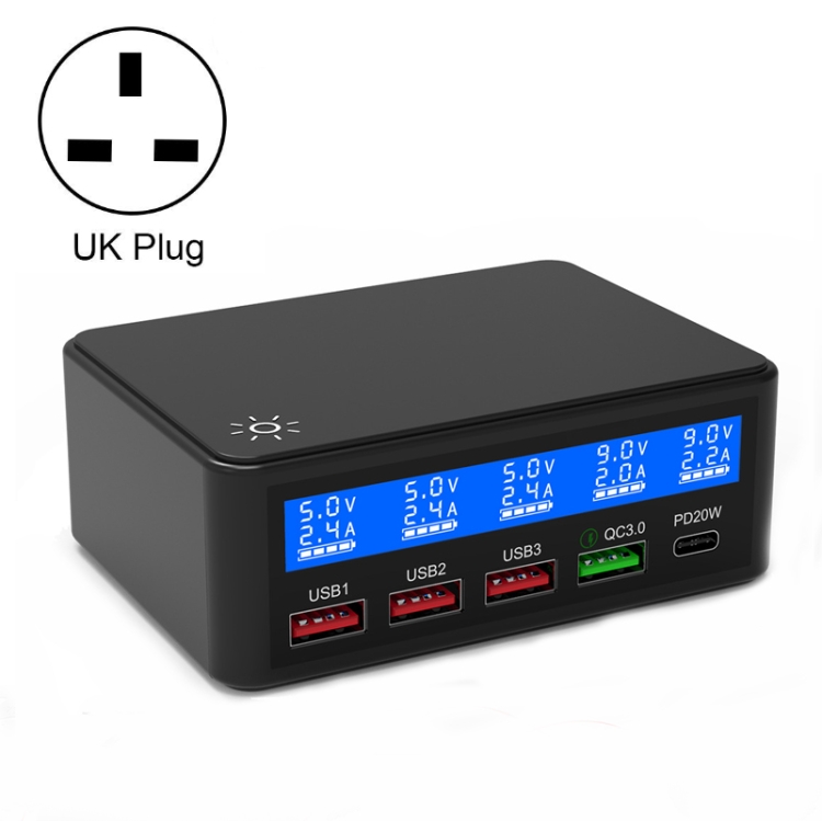 

618 QC3.0 + PD20W + 3 x USB Ports Charger with Smart LCD Display, UK Plug (Black)