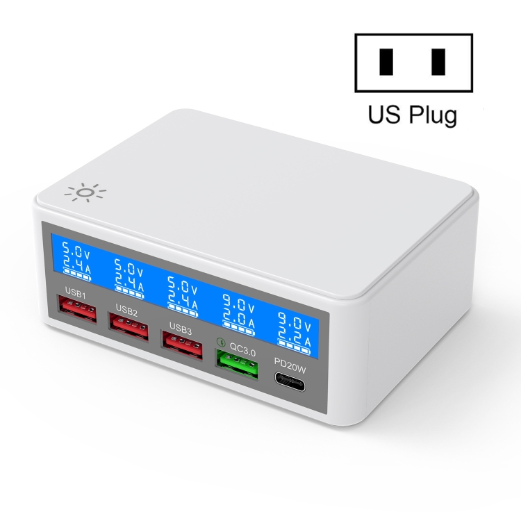 

618 QC3.0 + PD20W + 3 x USB Ports Charger with Smart LCD Display, US Plug (White)