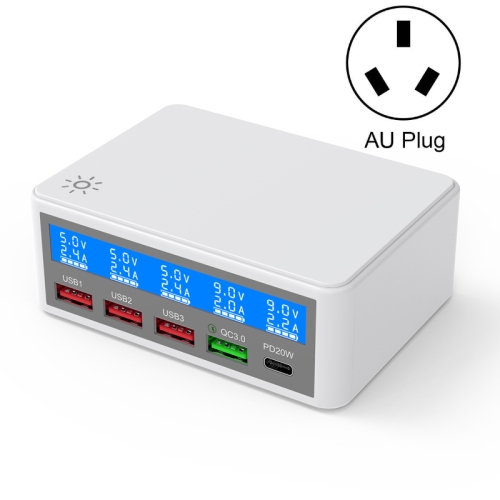 

618 QC3.0 + PD20W + 3 x USB Ports Charger with Smart LCD Display, AU Plug (White)