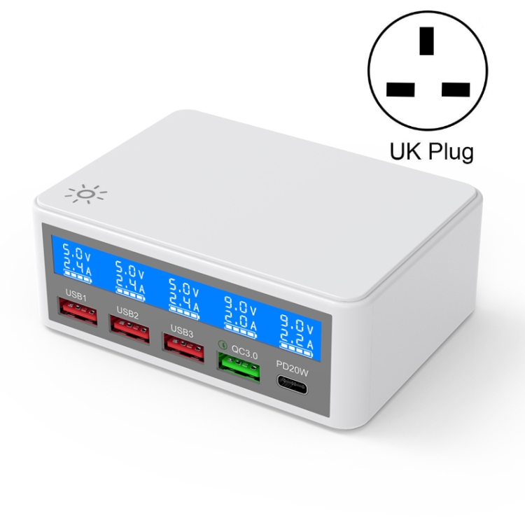 

618 QC3.0 + PD20W + 3 x USB Ports Charger with Smart LCD Display, UK Plug (White)