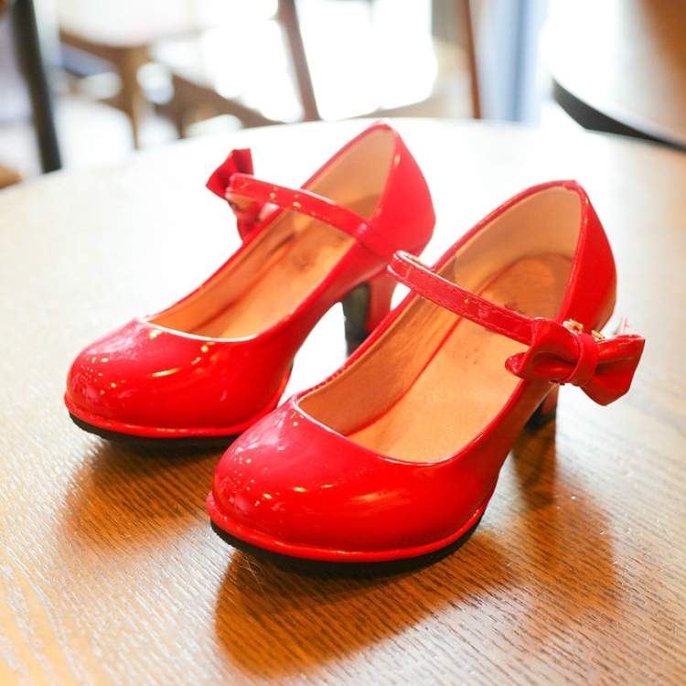 

Autumn Girls Leather Shoes Bowknot High Heels Soft Soled Non-Slip Princess Shoes, Size:26(Red)