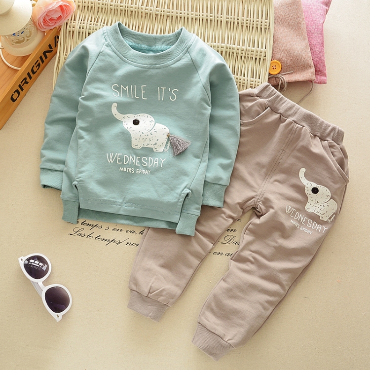 

Autumn Long Sleeves Tops and Trousers Sets Cartoon Elephent Children Clothing, Kid Size:100cm(Light Green)