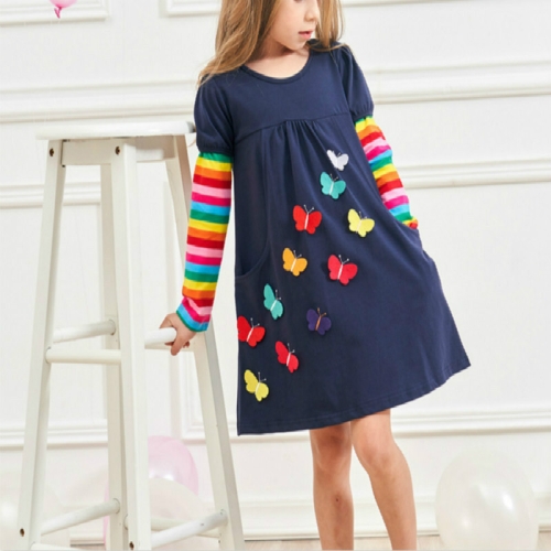 

Girls Rainbow Long Sleeve Butterfly Embroidered Pattern Cotton Princess Dress, Size:110cm(Royal Blue)