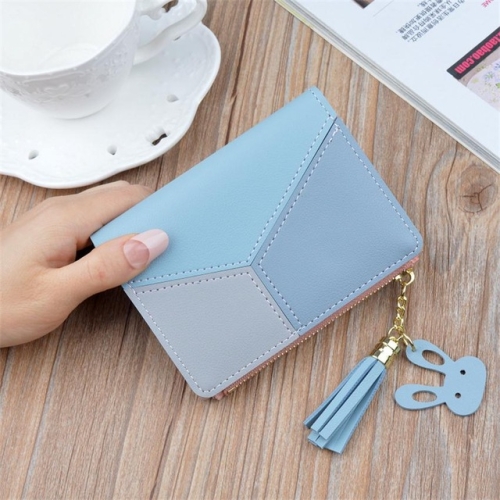 

Short Leather Women Zipper Purse Panelled Wallets Trendy Coin Purse(Blue)