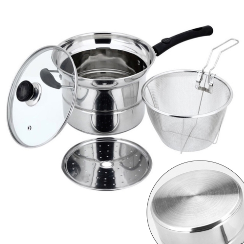 

Stainless Steel 22CM Multi-function Deep-fried Cooking Pot Kitchenware Set, Style:Double Bottom