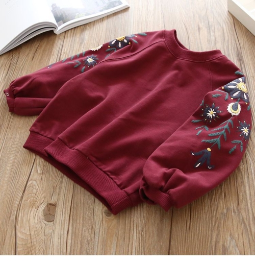 

Spring and Autumn Baby Round Neck Embroidered Long Sleeve Top Sweatshirt, Height:130cm(Wine Red)