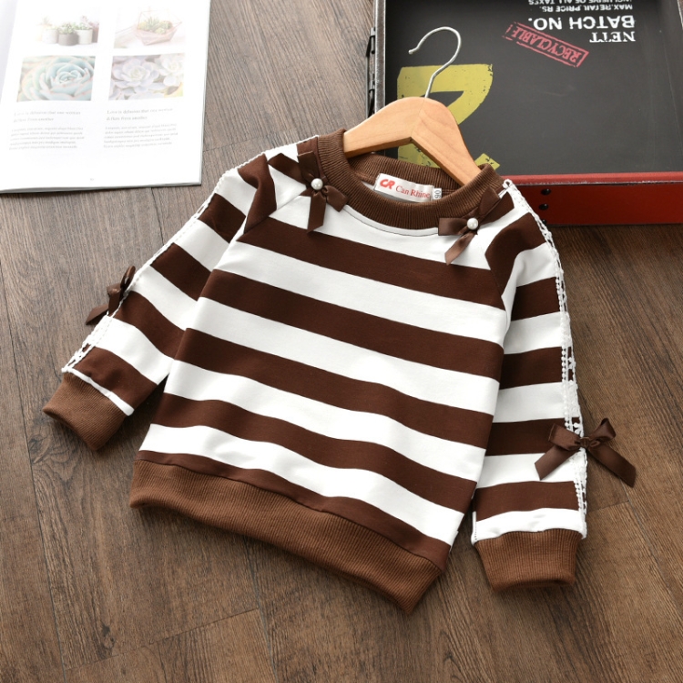 

Spring and Autumn Bow-knot Stripe Print Lace Edge Long Sleeve Top Girls Clothes, Height:120cm(Coffee)