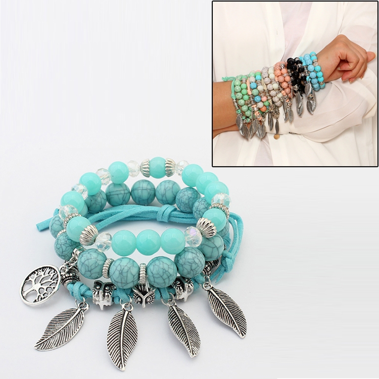 

Vintage Ethnic Elasticity Marble Beads Bracelet Boho Leaves Bangle Bracelet(Blue)