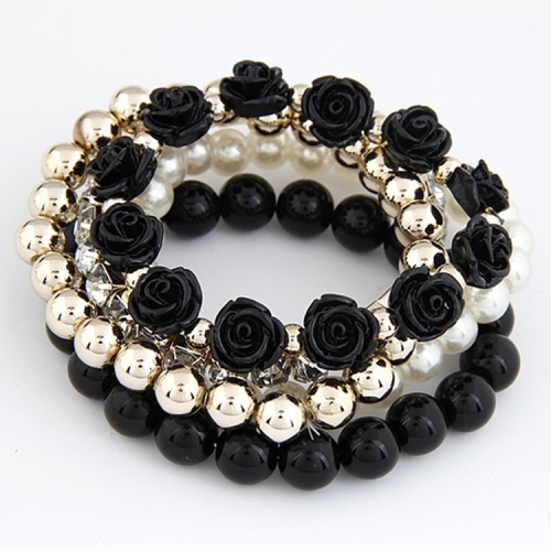 

Bohemian Fashion Candy Color Pearl Rose Flower Multilayer Beads Stretch Charm Bracelet(black)