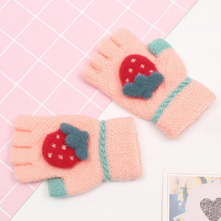 

Strawberry Pattern Autumn Winter Cashmere Warm Half-finger Gloves Children Gloves, Size:One Size(Light Pink)