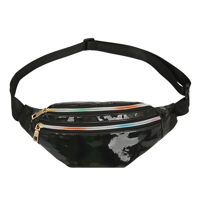 

Women Punk Laser Glossy PU Double Zipper Chest Bag Casual Waist Bag(Black )