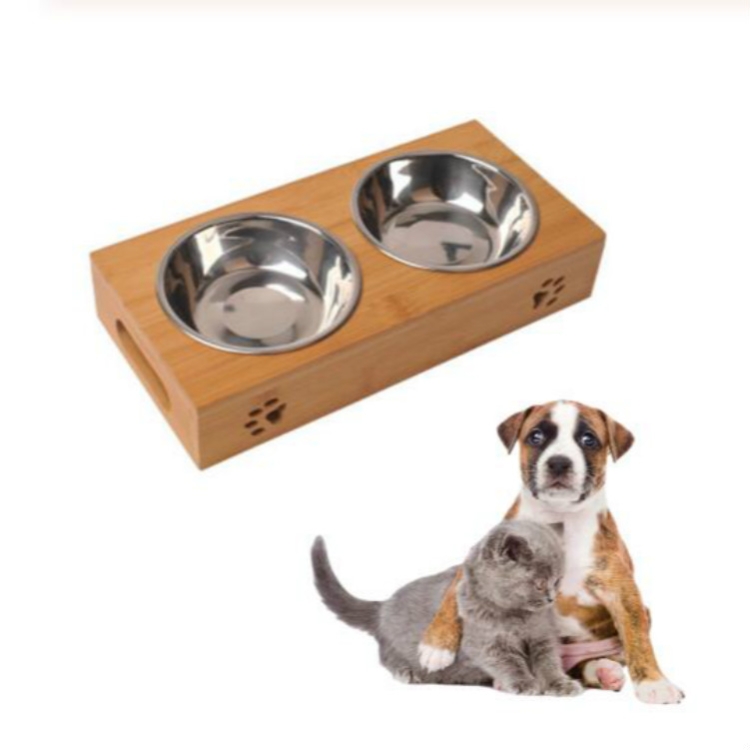 

Cat Dog Pet Stainless Steel Feeding and Drinking Bowls Combination With Bamboo Frame, Size:S