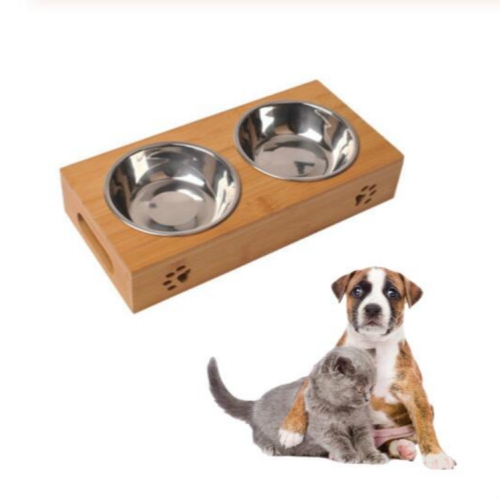 Sunsky Cat Dog Pet Stainless Steel Feeding And Drinking Bowls Combination With Bamboo Frame Size L