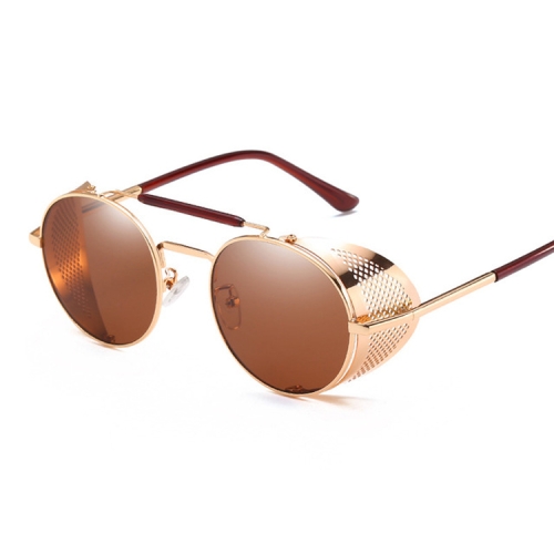 

Retro Round Metal Sunglasses Unisex Design UV Protection Glasses(Gold+Brown)