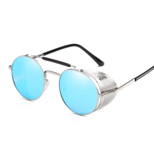 

Retro Round Metal Sunglasses Unisex Design UV Protection Glasses(Silver+Blue)