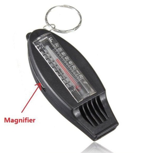 

Black Keychain Versatile 4 IN 1 Compass Thermometer Whistle Magnifier for traveling camping hiking climbing outdoor sports