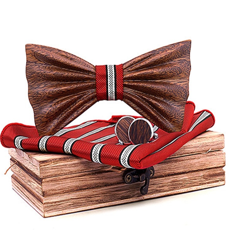 

4 in 1 Men 3D Emboss Wood Bow-knot + Pocket Square Towel + Wood Box + 2 Cufflinks Set(T248-C4)