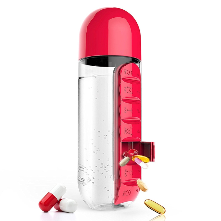 

600ML Plastic Water Bottle with Daily Pill Box Organizer Drinking Bottles(Red)