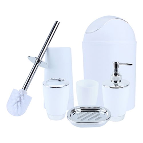 

6 In 1 Bathroom Cup Toothbrush Holder Hand Sanitizer Bottle Soup Holder Toilet Brush Waste Bins Set(White)