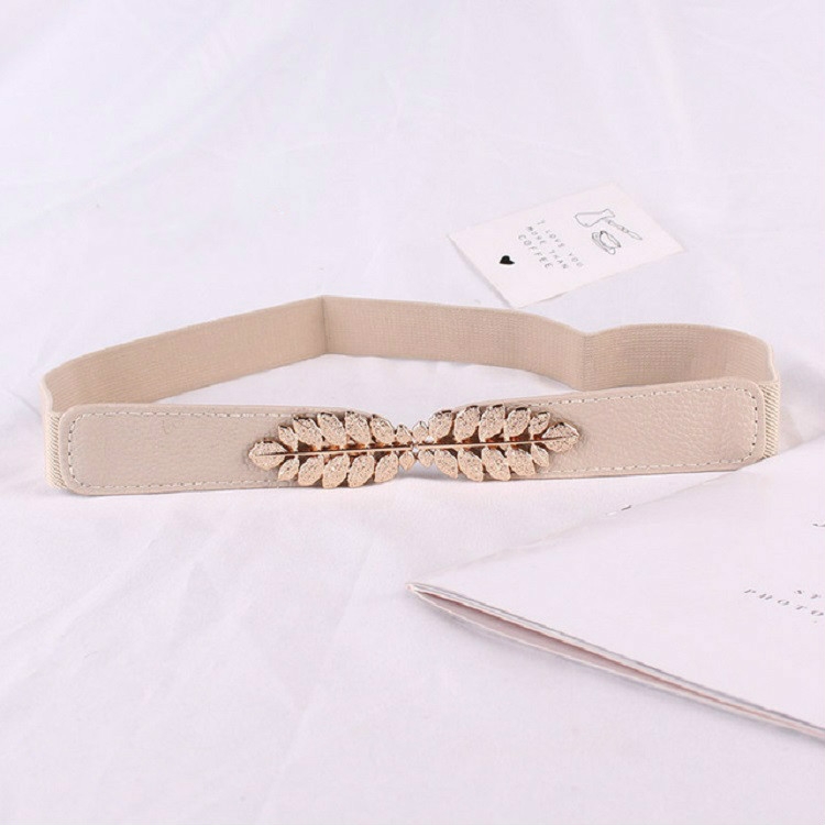 

Leaf Engraving Shape Buckle Elastic Belt for Ladies, Length: 66cm(Khaki)