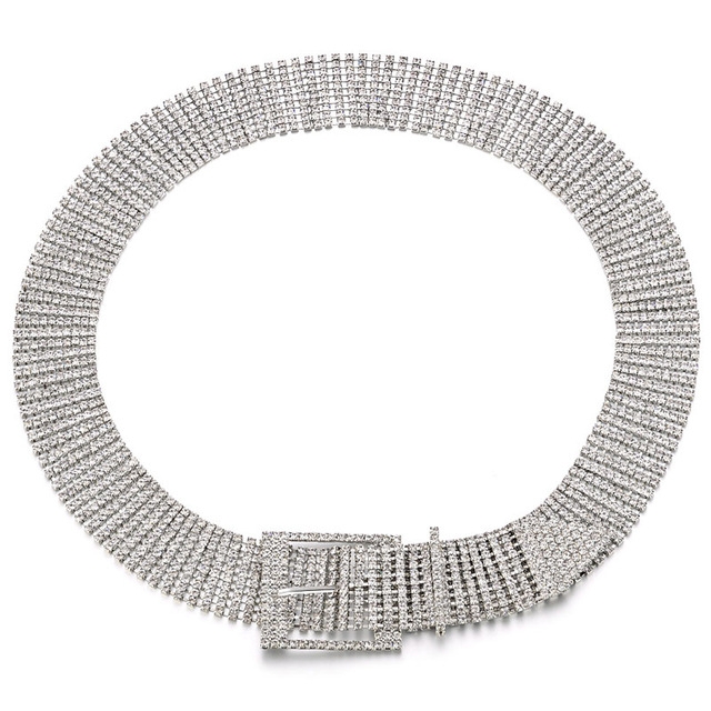 

Ladies Ten Rows Rhinestone Square Buckle Belt, Length: 100-135cm(Silver)