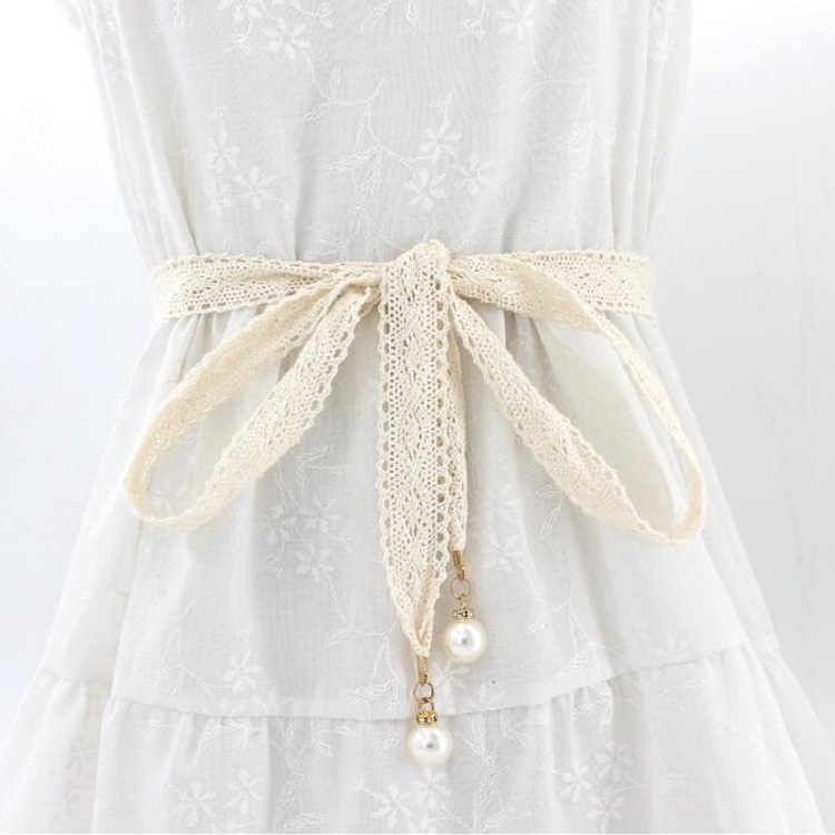 

Ladies Lace Cloth Ribbon Belt with Pearl Pendant, Size: 160 x 2.5cm(Beige)