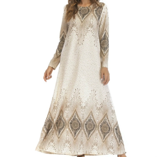 

Printed Long Skirt Stitching Long-sleeved Slim Dress, Size:XXXL(White)