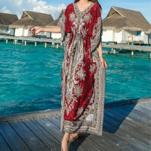 

Ethnic Style Beach Skirt Seaside Holiday Dress Cotton Silk Dress, Size:L(Red)