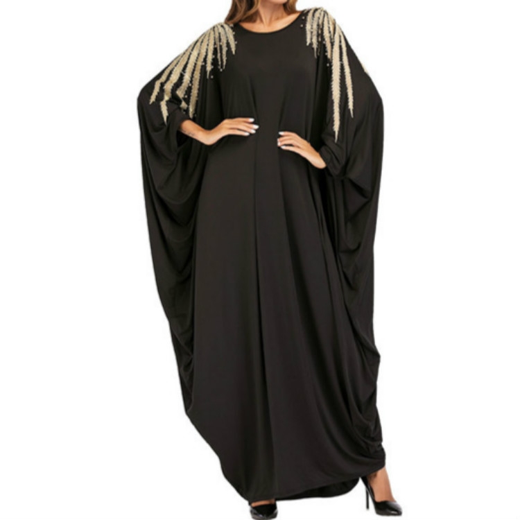 

Beaded and Embroidered Shoulder Bat Sleeve Robes Dress, Size:One Size(Black)