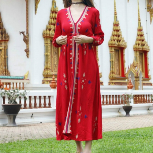 

Ethnic Style Embroidery V-neck Seaside Holiday Cotton Long Dress, Size:XXL(Red)